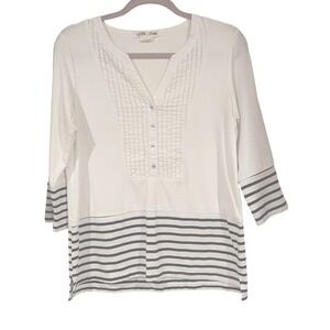 Lillis Closet Cream Navy Stripe V-Neck Pleated Button 3/4 Sleeve‎ Top Womens S